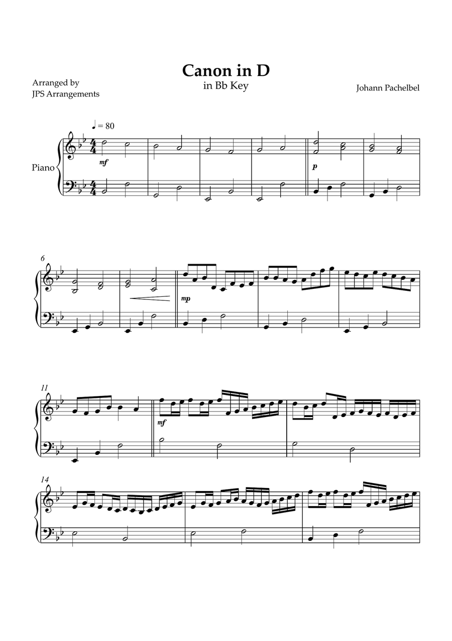 Canon in D for easy intermediate piano in Bb key Easy Piano scores gallery preview page 1
