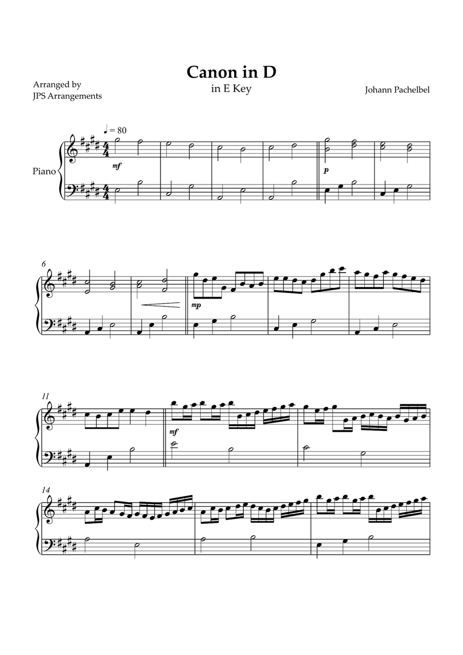 Canon in D for easy intermediate piano in E Key Easy Piano scores gallery preview page 1