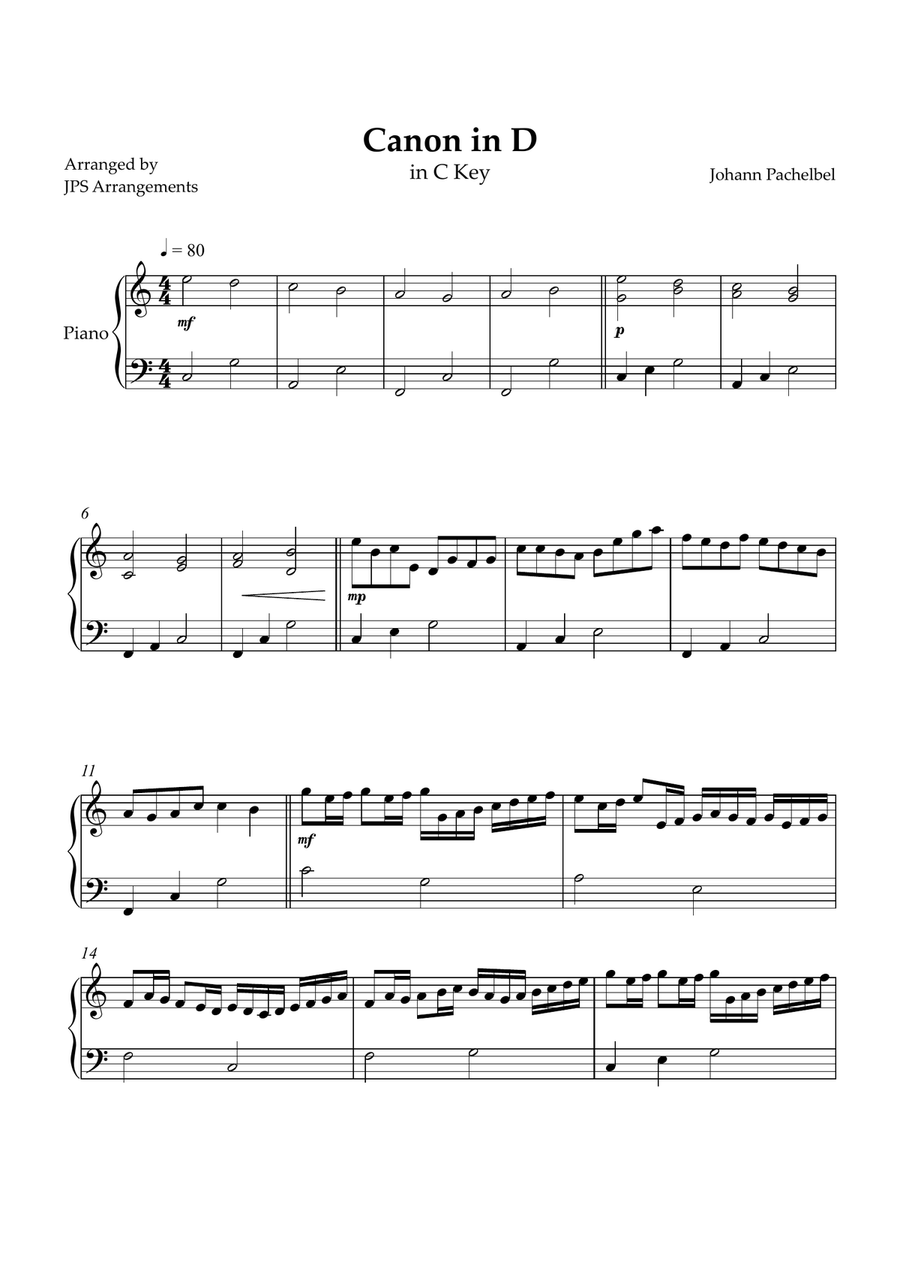 Canon in D for easy intermediate piano in C key Easy Piano scores gallery preview page 1