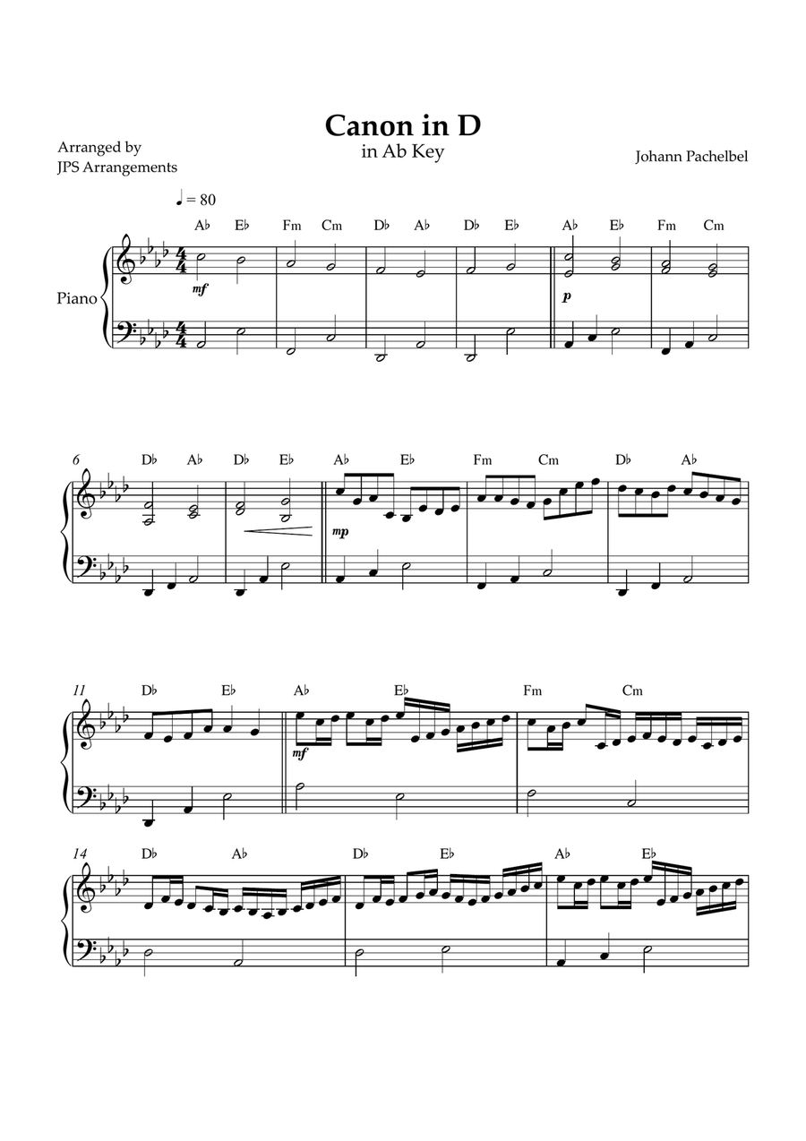 Canon in D for easy intermediate piano in Ab key Easy Piano scores gallery preview page 1