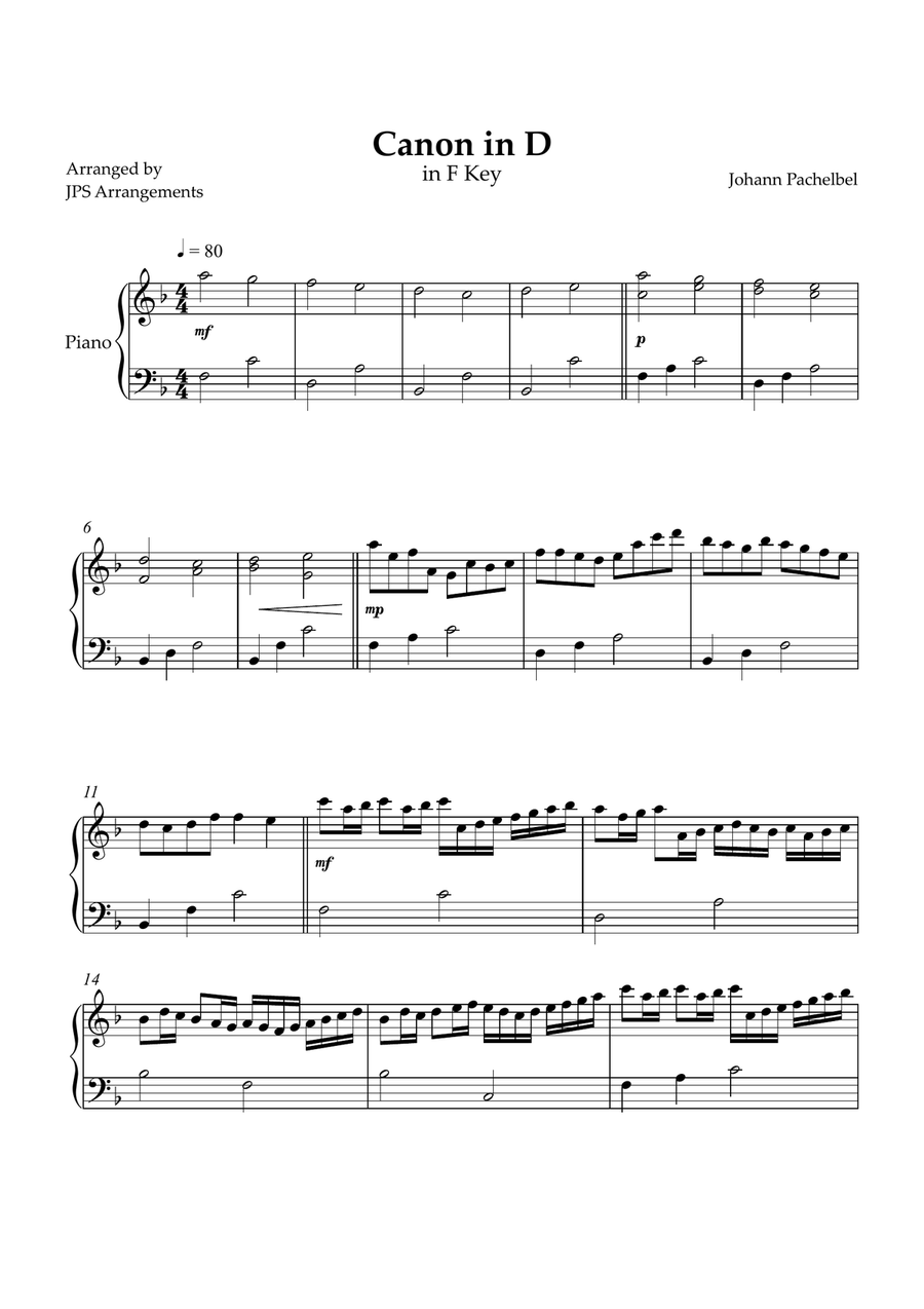 Canon in D for easy intermediate piano in F Key Easy Piano scores gallery preview page 1