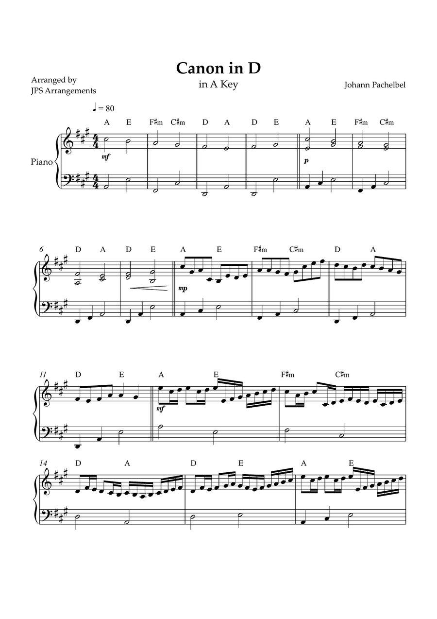 Canon in D for easy intermediate piano in A key Easy Piano scores gallery preview page 1