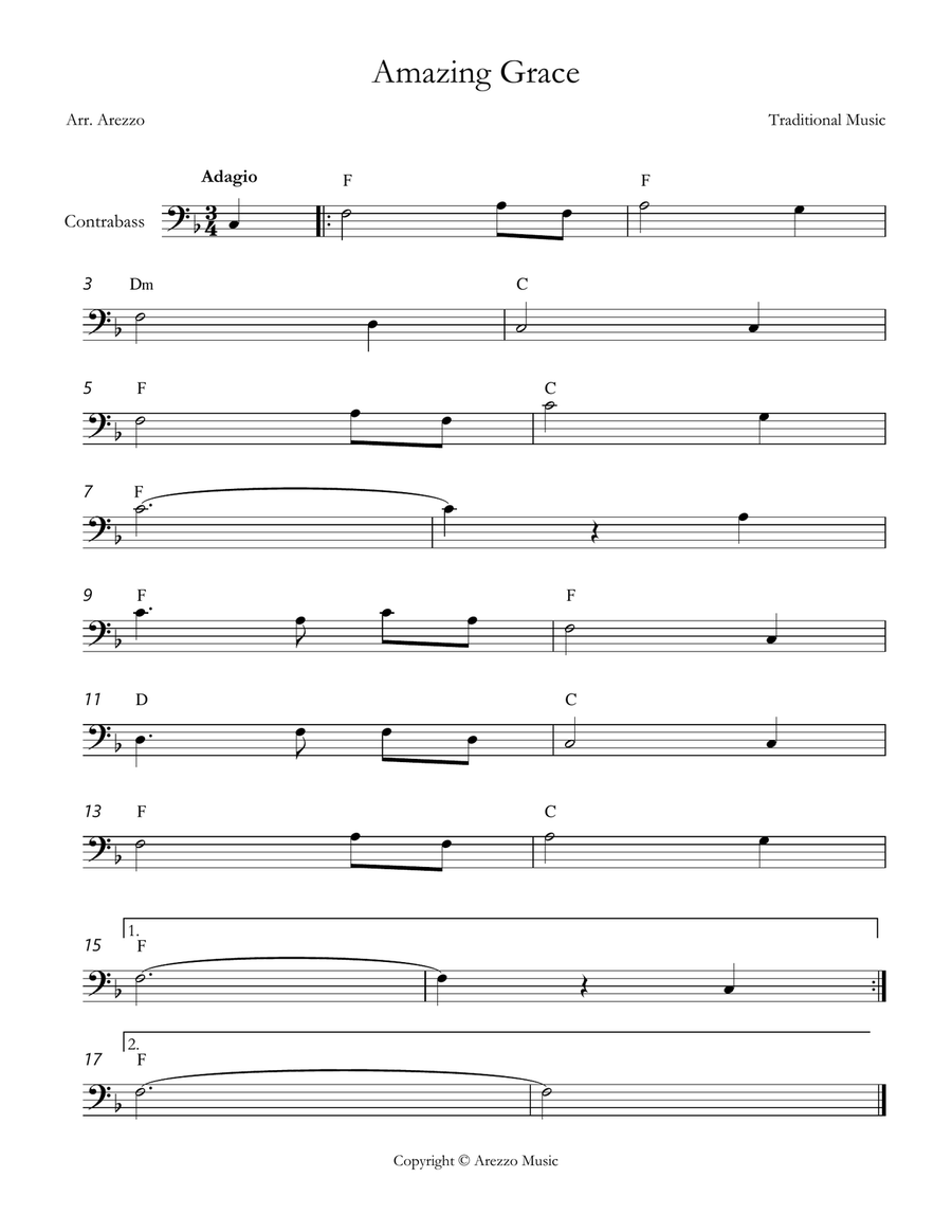 john newton amazing grace String Bass lead sheet in F major Chords Symbols Double Bass scores gallery preview page 1