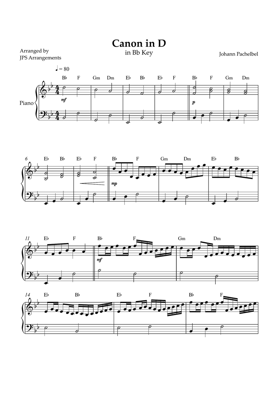 Canon in D for easy intermediate piano in Bb key Easy Piano scores gallery preview page 1