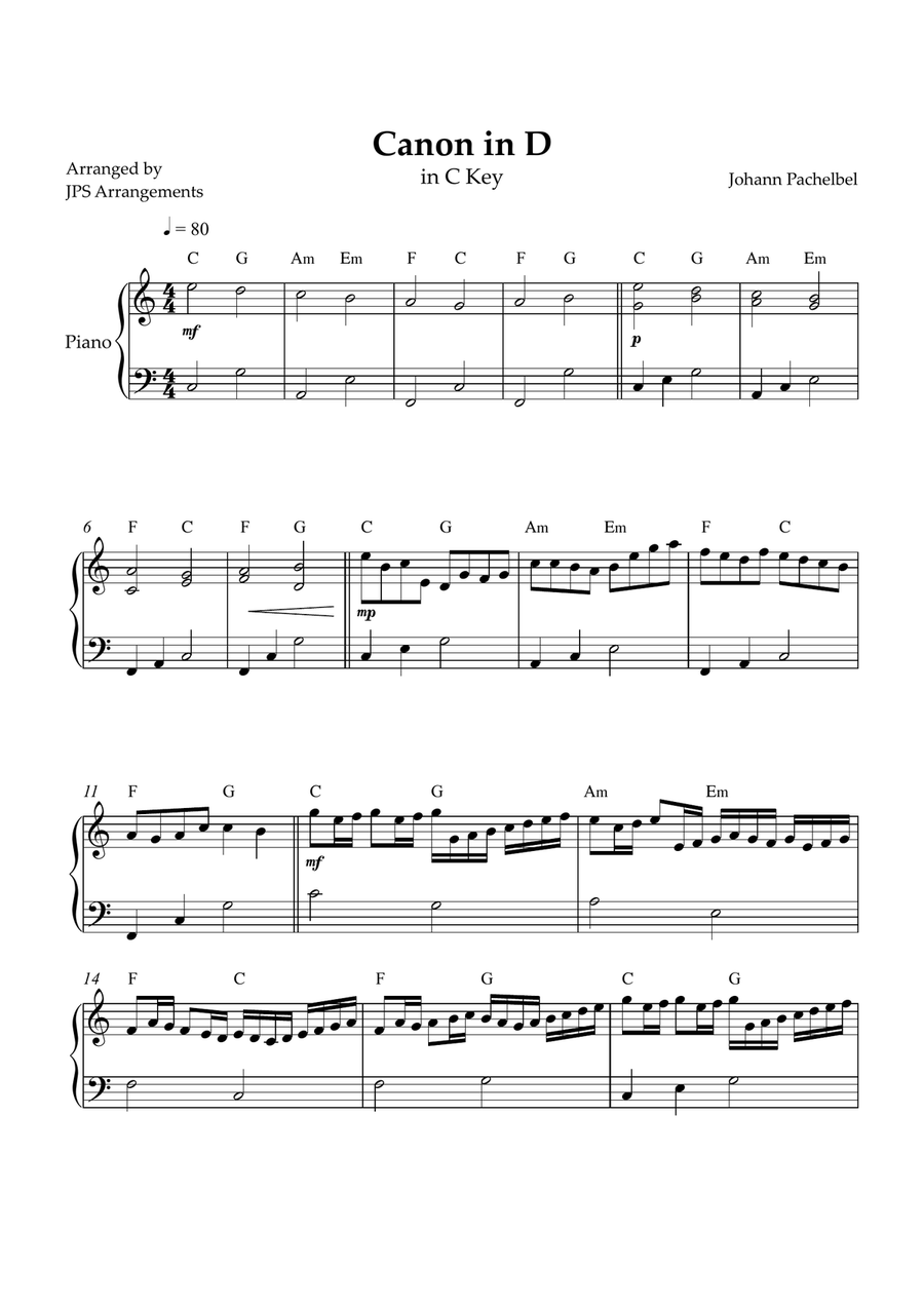 Canon in D for easy intermediate piano in C key Easy Piano scores gallery preview page 1