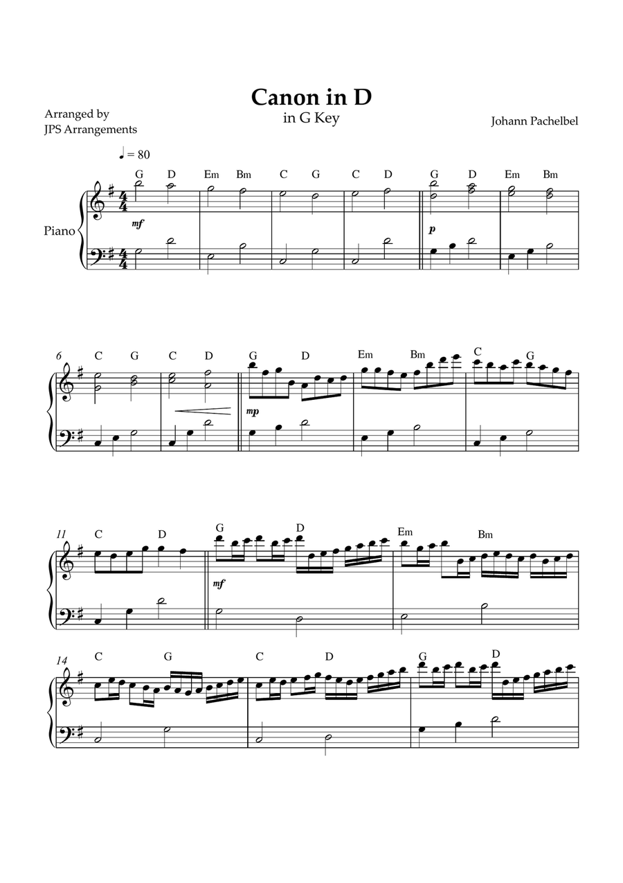 Canon in D for easy intermediate piano in G Key Easy Piano scores gallery preview page 1