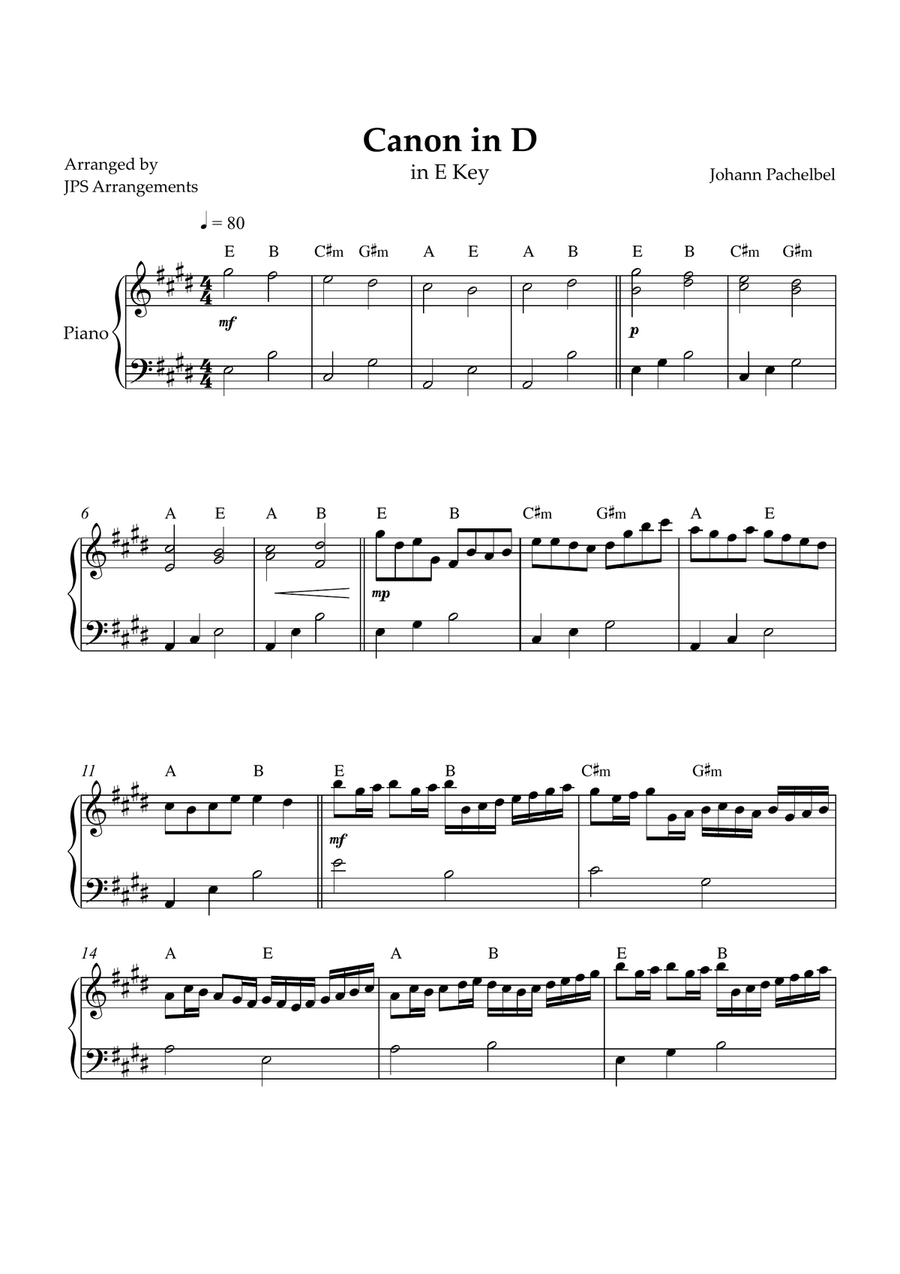 Canon in D for easy intermediate piano in E Key Easy Piano scores gallery preview page 1