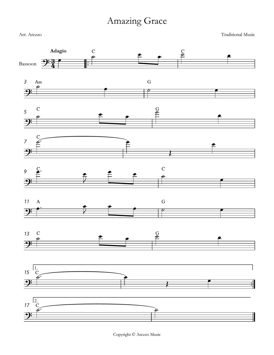 john newton amazing grace String Bass lead sheet in C major Chords Symbols Double Bass scores gallery preview page 1