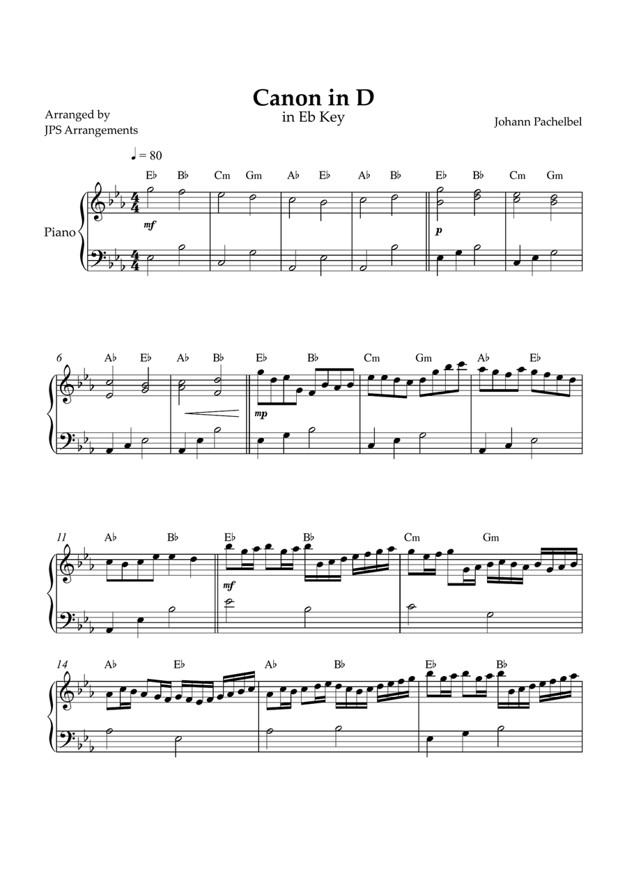 Canon in D for easy intermediate piano in Eb Key Easy Piano scores gallery preview page 1