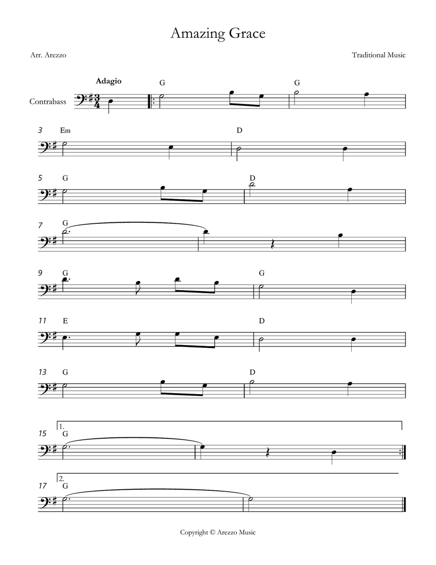 john newton amazing grace String Bass lead sheet in G major Chords Symbols Double Bass scores gallery preview page 1