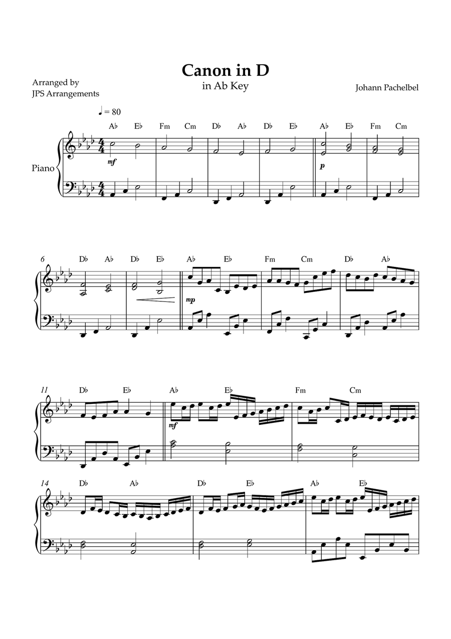 Canon in D for intermediate piano in Ab key Easy Piano scores gallery preview page 1