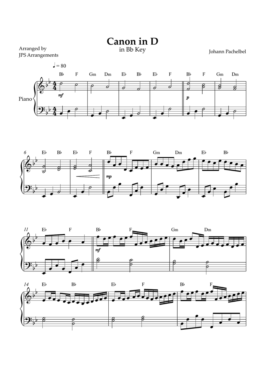 Canon in D for intermediate piano in Bb key Easy Piano scores gallery preview page 1