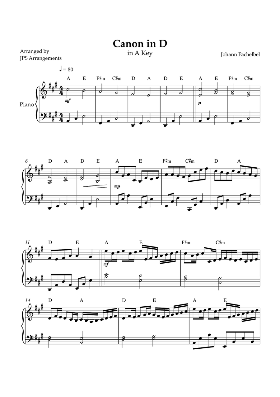 Canon in D for intermediate piano in A key Easy Piano scores gallery preview page 1