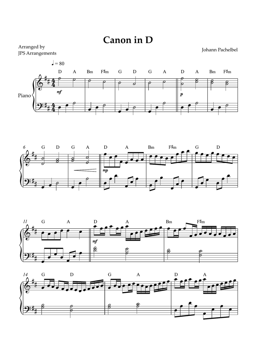 Canon in D for intermediate piano Easy Piano scores gallery preview page 1