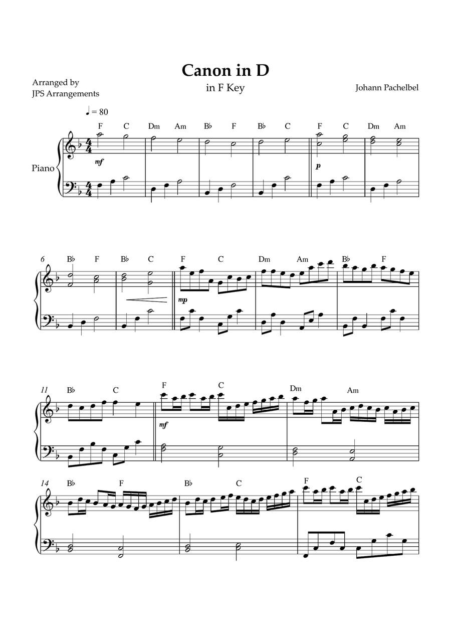 Canon in D for intermediate piano in F Key Easy Piano scores gallery preview page 1