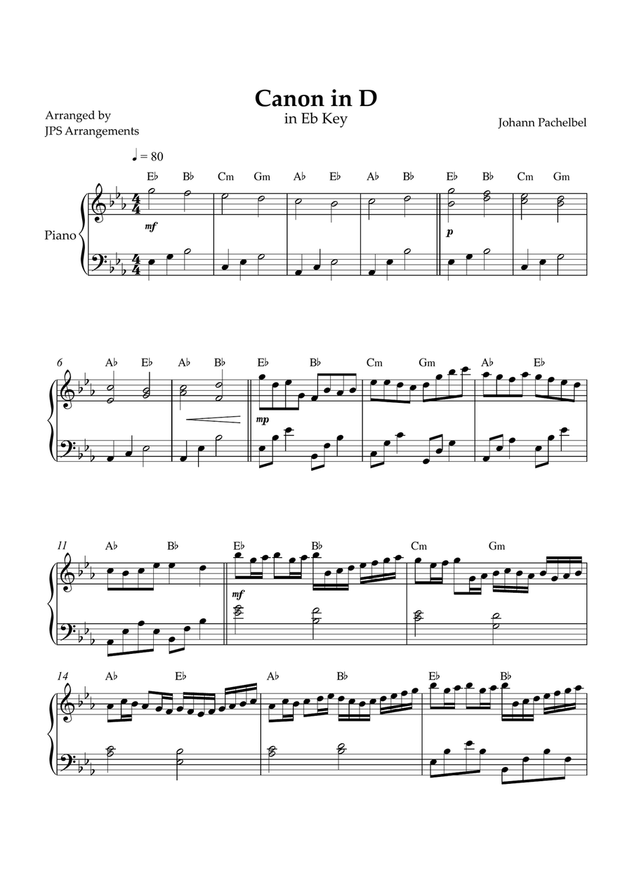Canon in D for intermediate piano in Eb Key Easy Piano scores gallery preview page 1