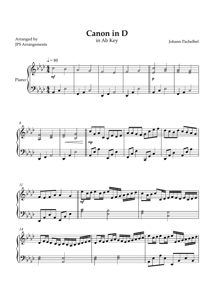Canon in D for intermediate piano in Ab key Easy Piano scores gallery preview page 1