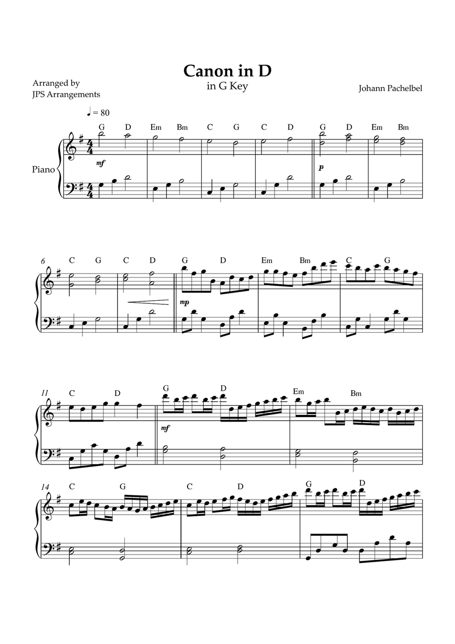 Canon in D for intermediate piano in G Key Easy Piano scores gallery preview page 1