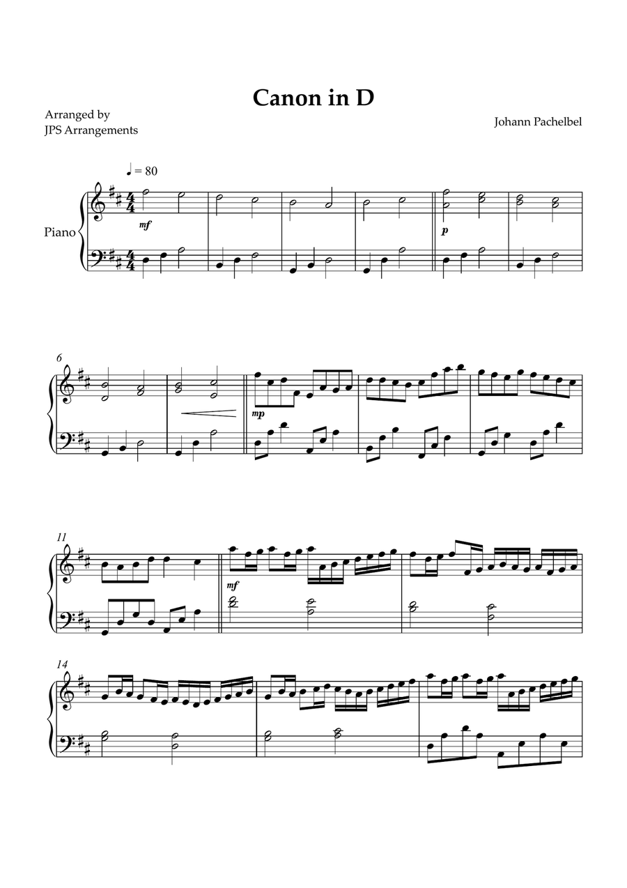 Canon in D for intermediate piano Easy Piano scores gallery preview page 1