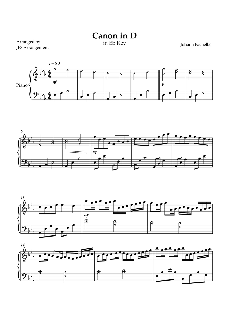 Canon in D for intermediate piano in Eb Key Easy Piano scores gallery preview page 1
