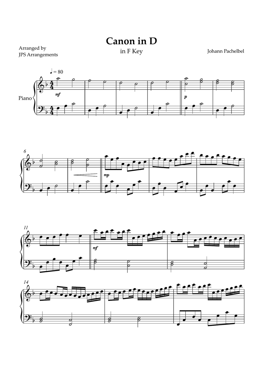 Canon in D for intermediate piano in F Key Easy Piano scores gallery preview page 1