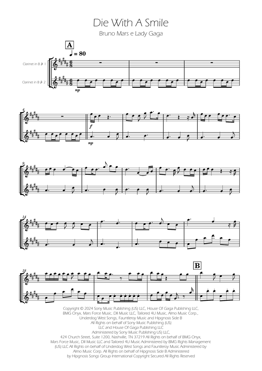 Die With A Smile Clarinet Duet scores gallery preview page 1