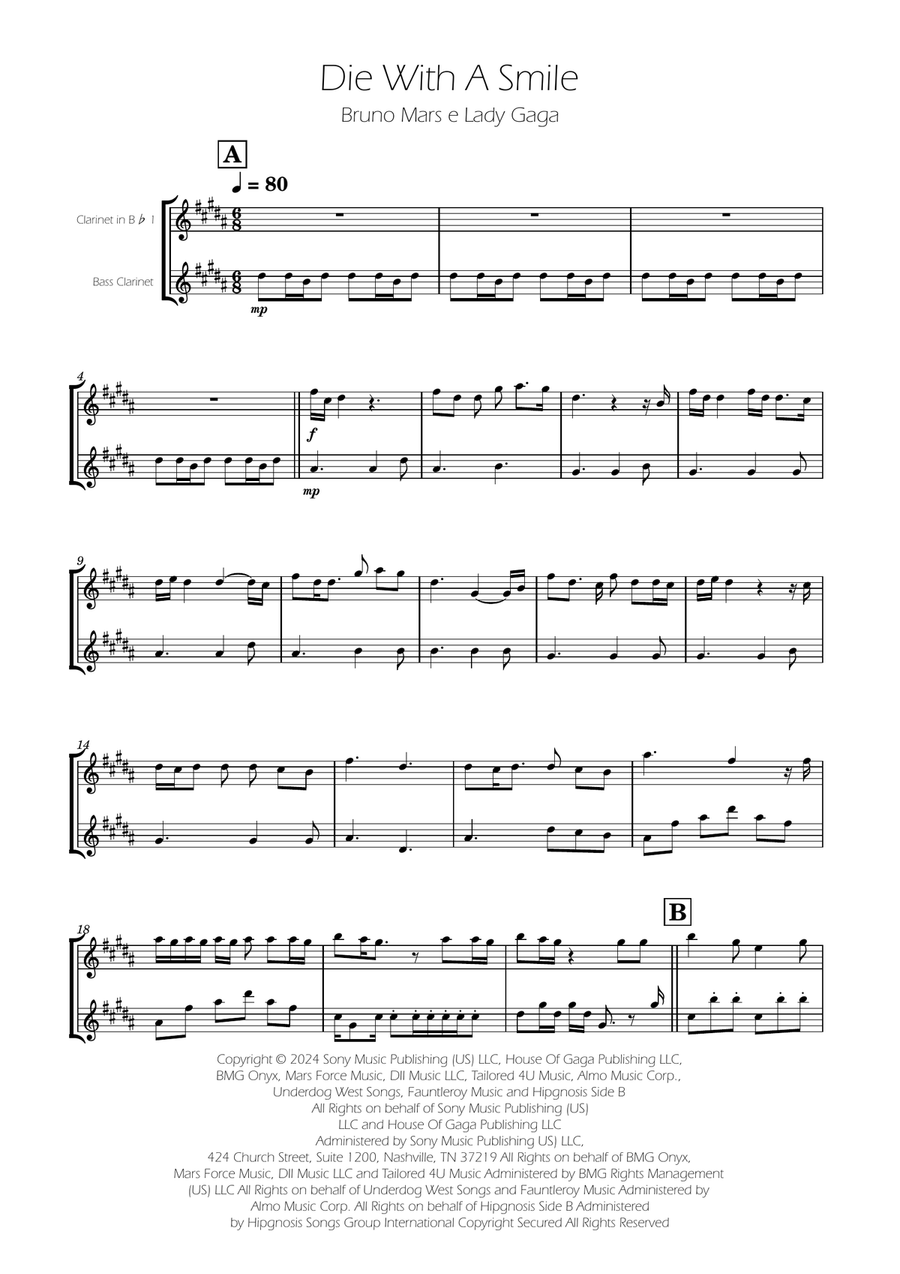 Die With A Smile Clarinet Duet scores gallery preview page 1