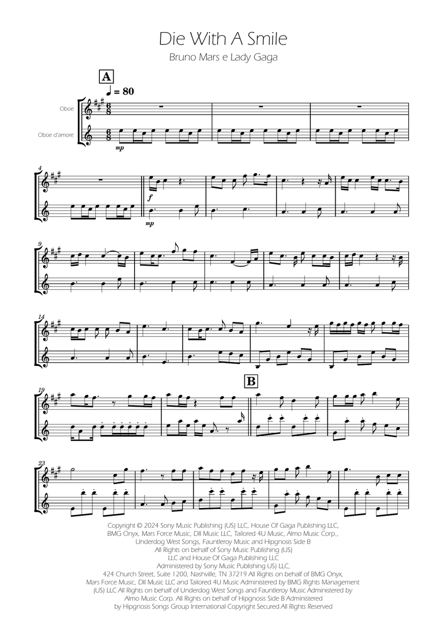 Die With A Smile Woodwind Duet scores gallery preview page 1