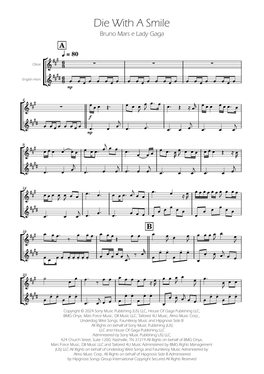Die With A Smile Woodwind Duet scores gallery preview page 1