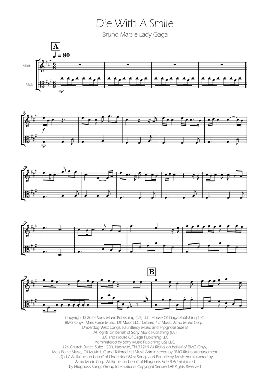 Die With A Smile String Duet scores gallery preview page 1