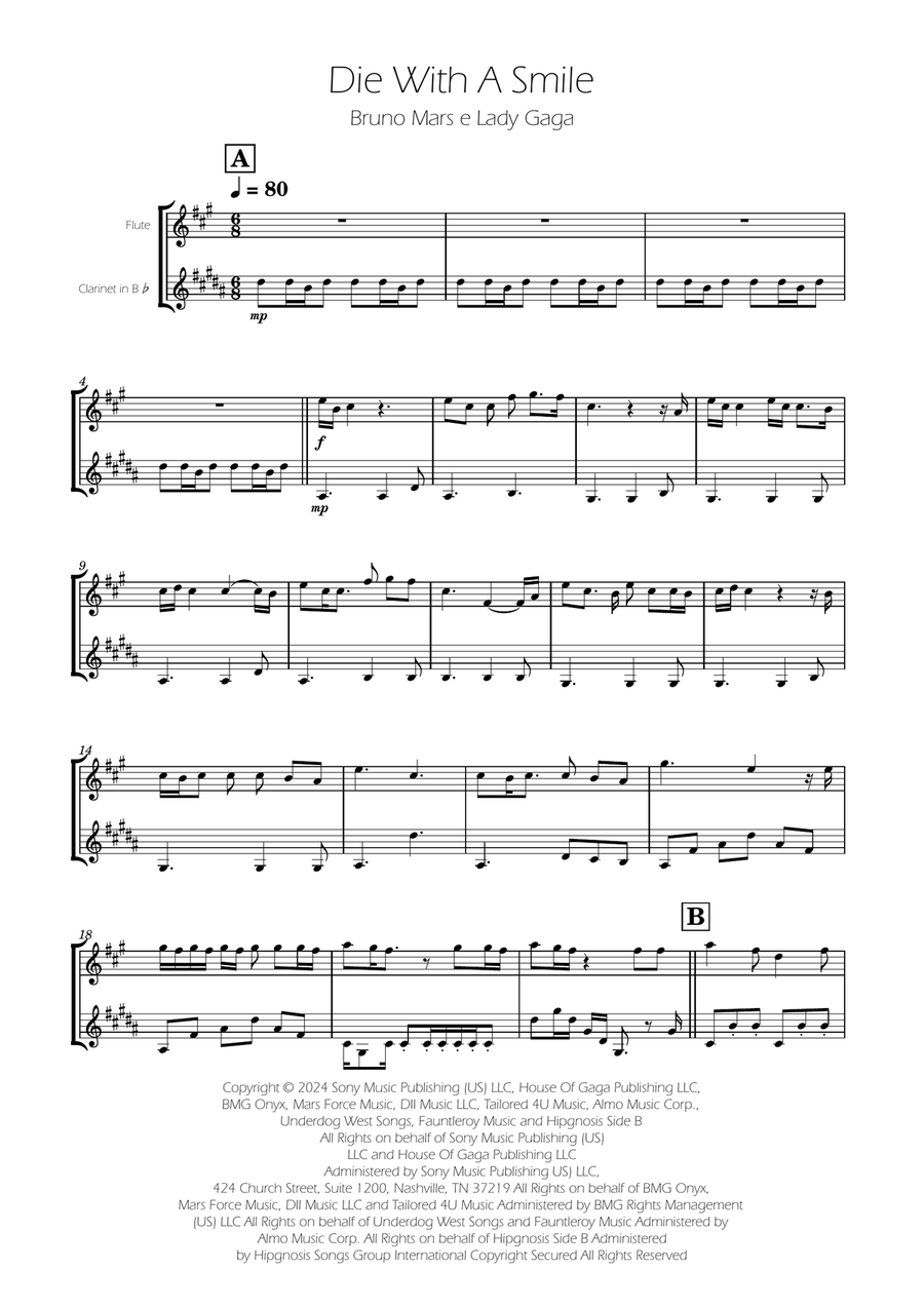 Die With A Smile Woodwind Duet scores gallery preview page 1