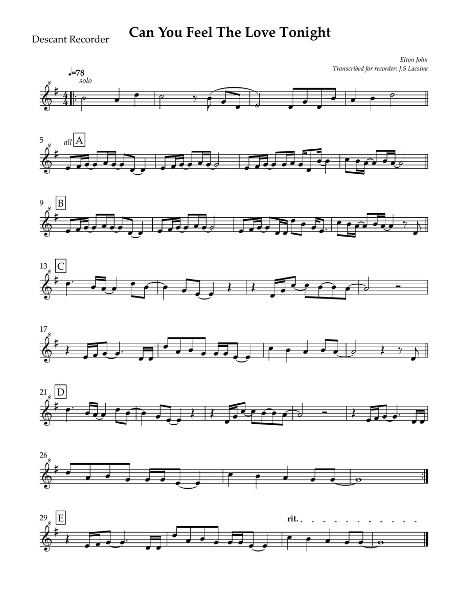Can You Feel The Love Tonight Soprano Recorder scores gallery preview page 1