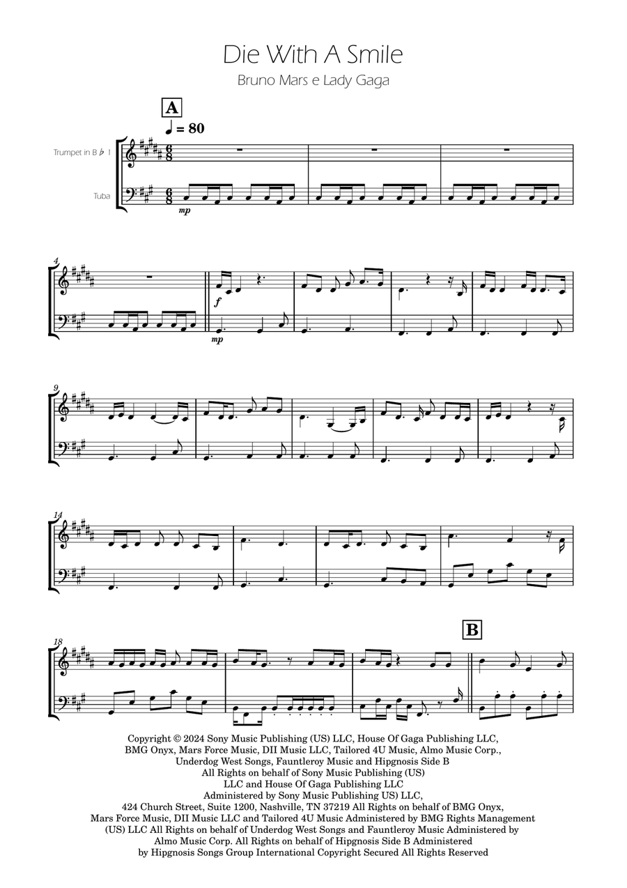 Die With A Smile Brass Duet scores gallery preview page 1