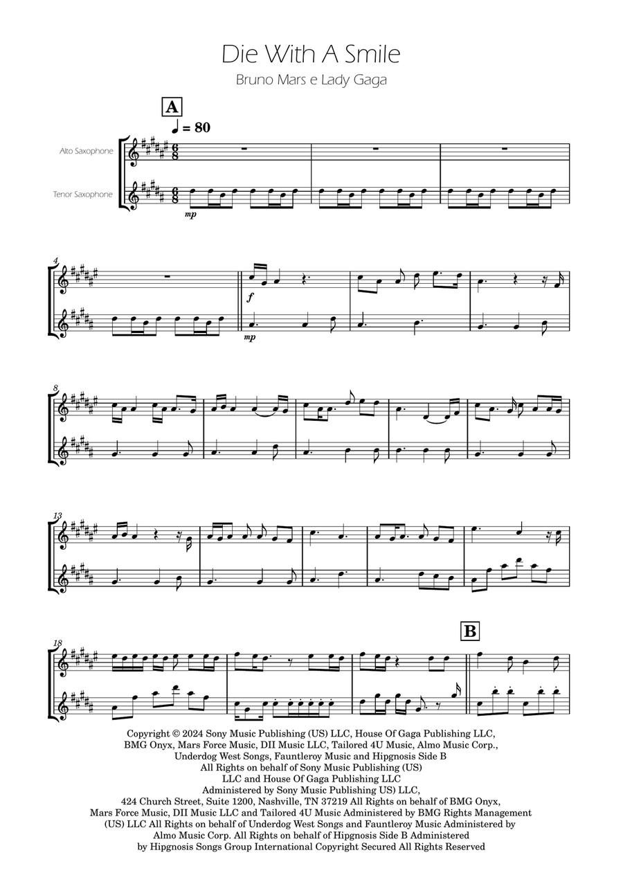 Die With A Smile Tenor Saxophone scores gallery preview page 1