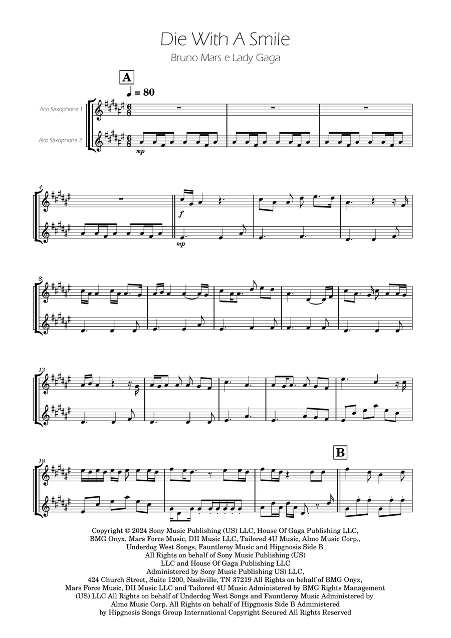 Die With A Smile Woodwind Duet scores gallery preview page 1