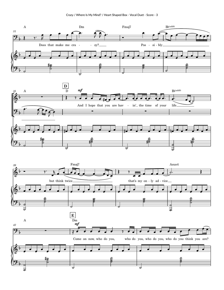 Medley: Crazy with Where Is My Mind? and Heart Shaped Box Baritone Horn TC scores gallery preview page 3