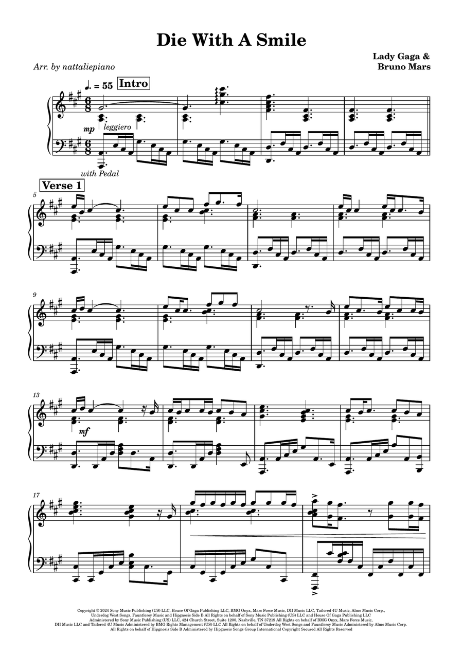 Die With A Smile Die With A Smile Piano Solo scores gallery preview page 1