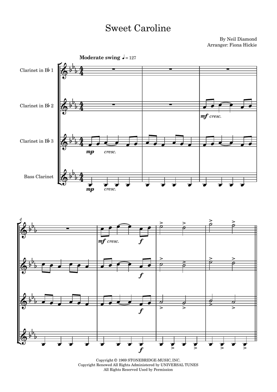 Sweet Caroline Sweet Caroline Clarinet Quartet scores gallery preview page 2
