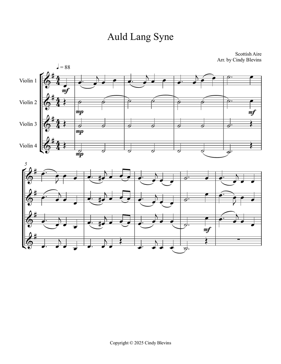 Auld Lang Syne, for Violin Quartet String Quartet scores gallery preview page 2