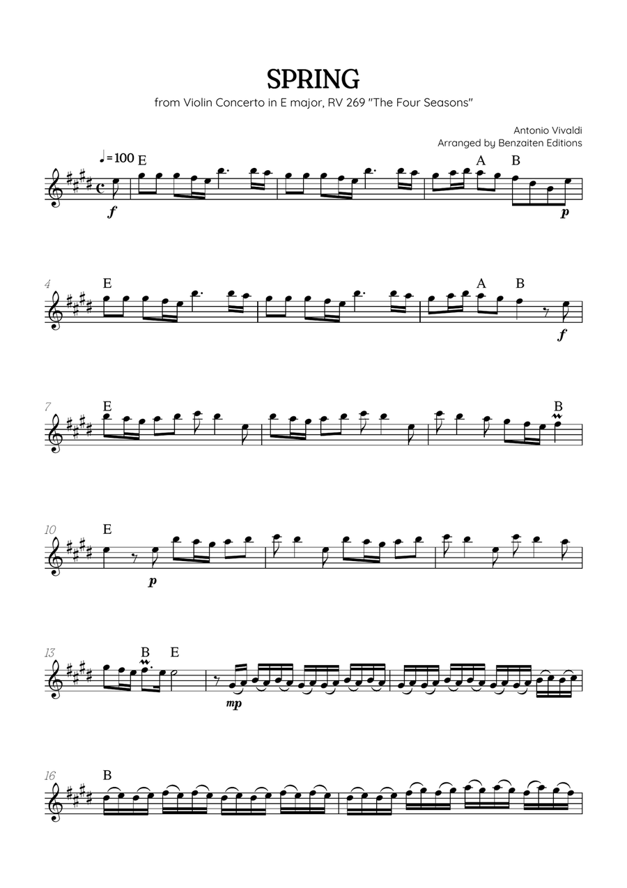 Vivaldi • The Four Seasons: Spring | violin sheet music (chords) Chamber Music scores gallery preview page 1