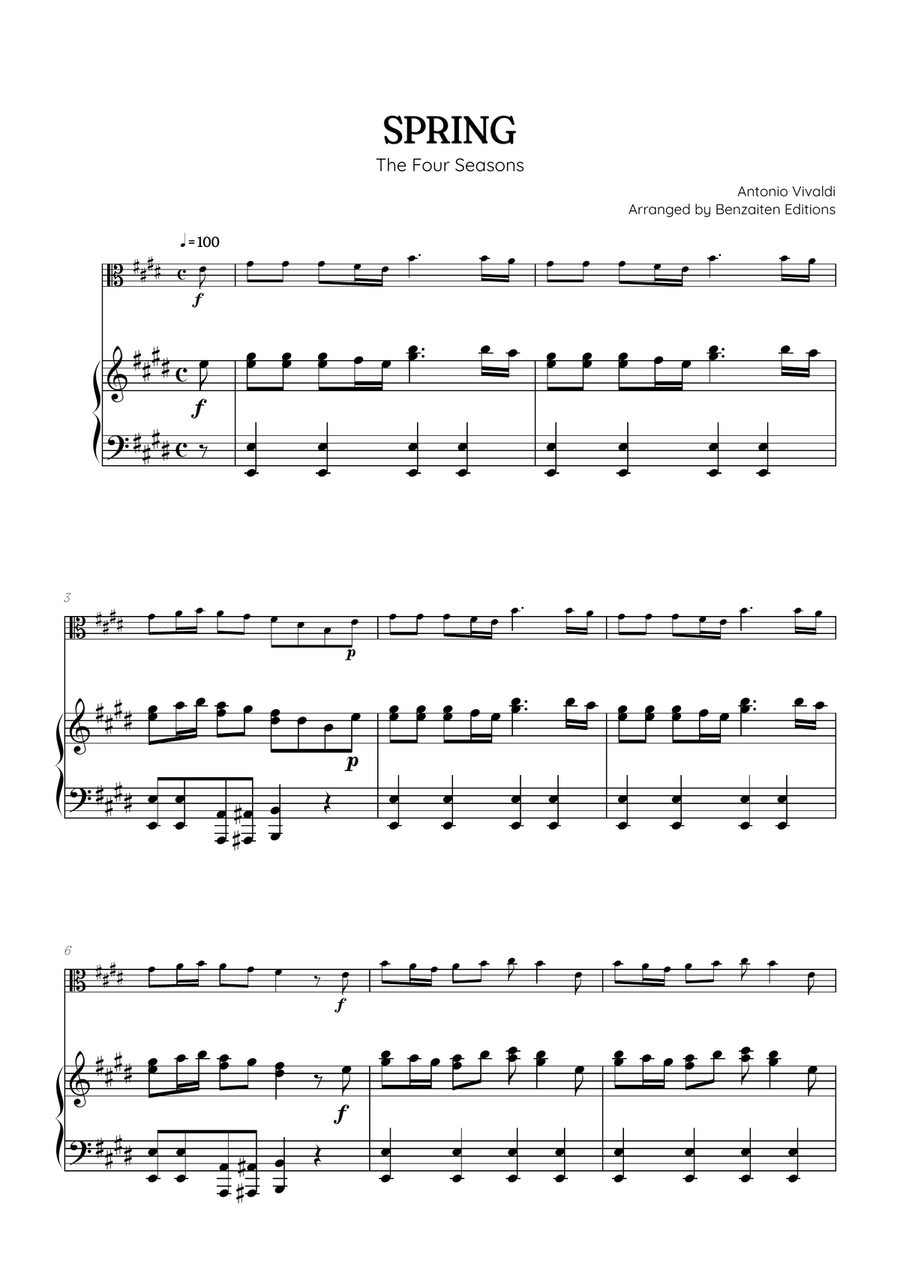 Vivaldi • The Four Seasons: Spring | viola sheet music w/ piano accompaniment Chamber Music scores gallery preview page 1