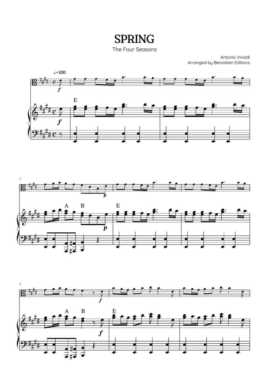 Vivaldi • The Four Seasons: Spring | viola sheet music w/ piano accompaniment (chords) Chamber Music scores gallery preview page 1