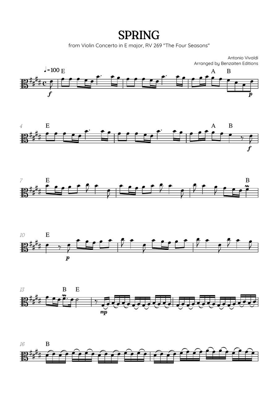 Vivaldi • The Four Seasons: Spring | viola sheet music (chords) Chamber Music scores gallery preview page 1