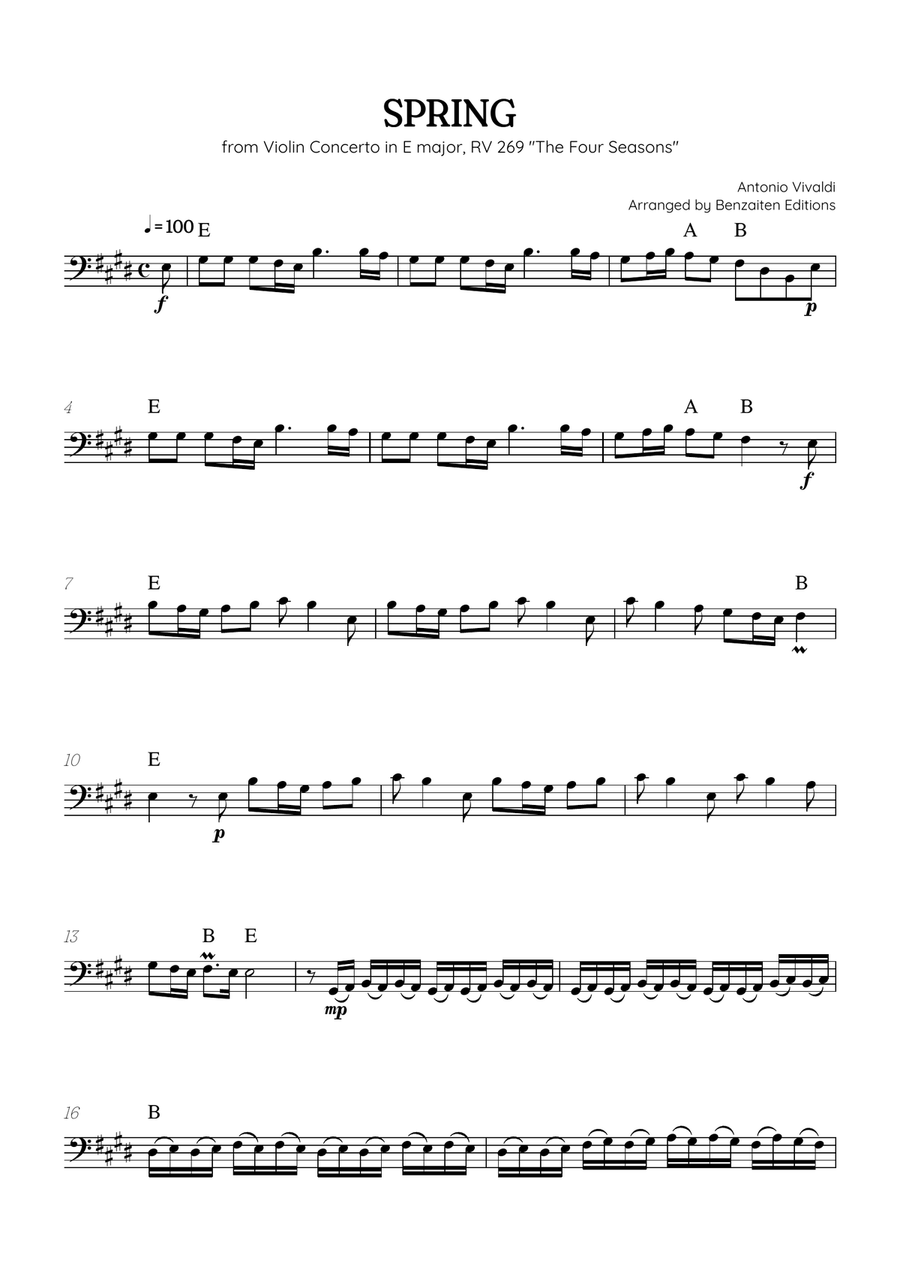 Vivaldi • The Four Seasons: Spring | cello sheet music (chords) Chamber Music scores gallery preview page 1