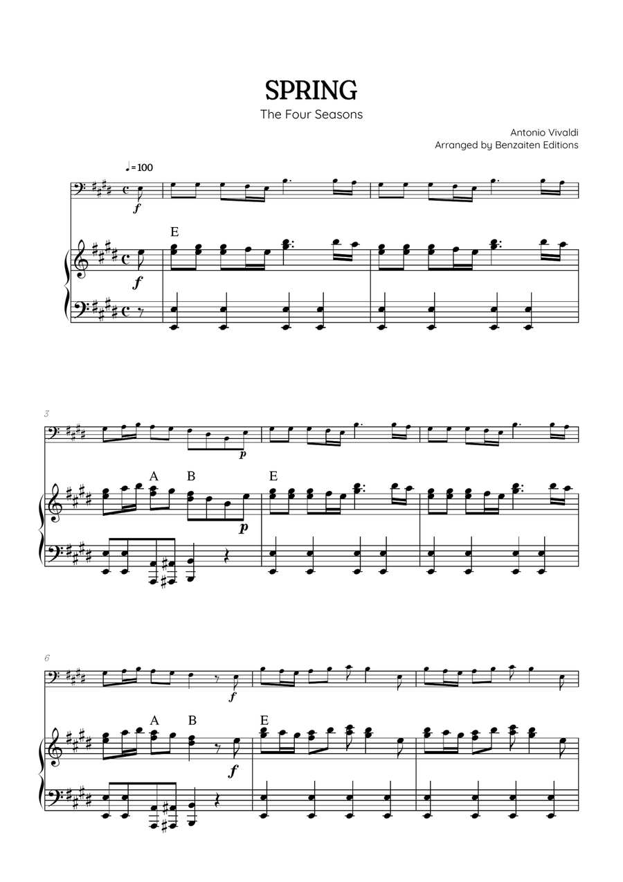Vivaldi • The Four Seasons: Spring | cello sheet music w/ piano accompaniment (chords) Chamber Music scores gallery preview page 1
