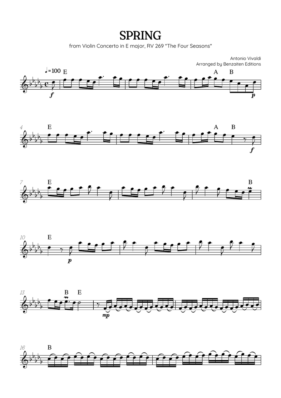 Vivaldi • The Four Seasons: Spring | alto sax sheet music (chords) Chamber Music scores gallery preview page 1