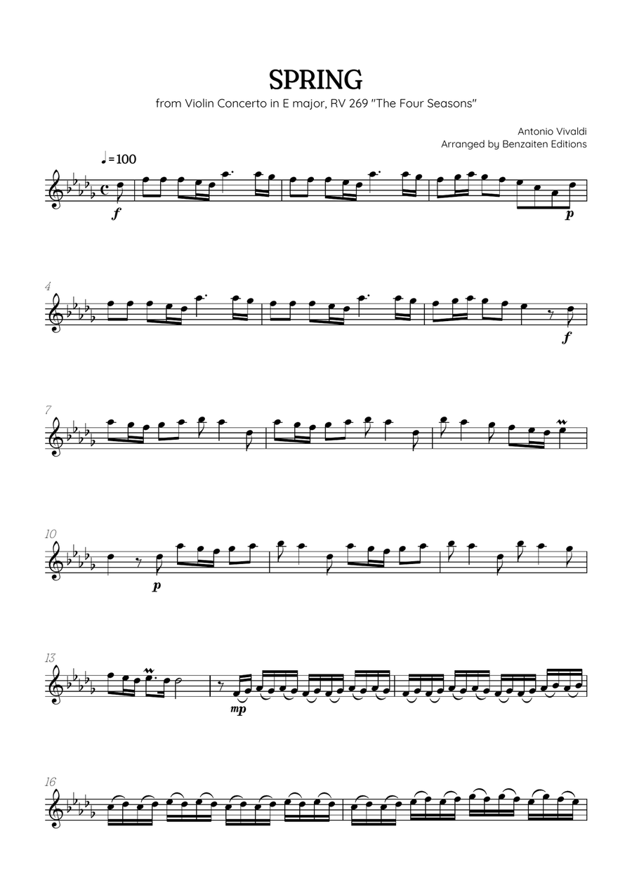 Vivaldi • The Four Seasons: Spring | alto sax sheet music Chamber Music scores gallery preview page 1
