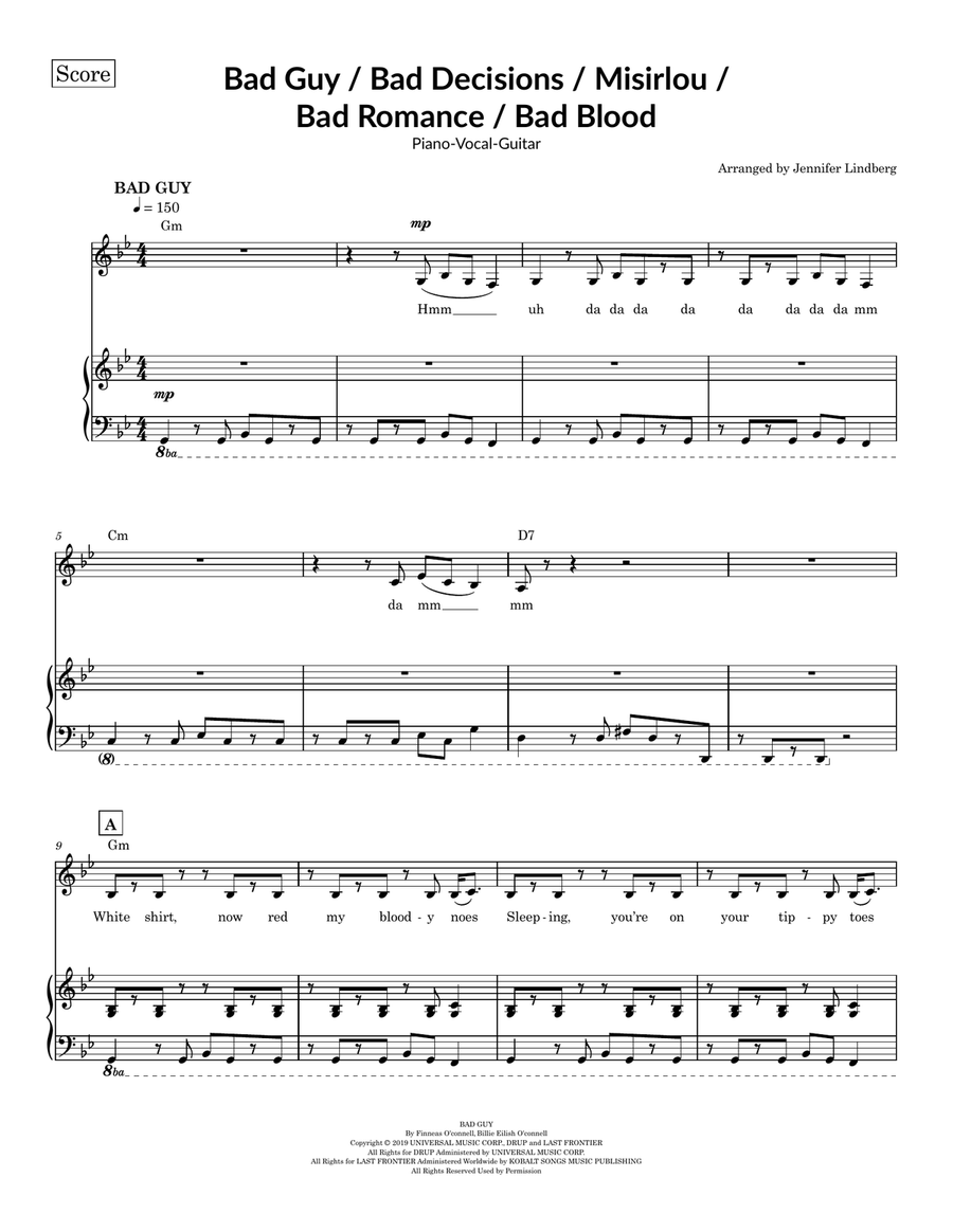 Medley: Bad Guy with Misirlou (Instr & Original Greek Lyr Version), Bad Decisions, Bad Romance, a... Piano, Vocal scores gallery preview page 1