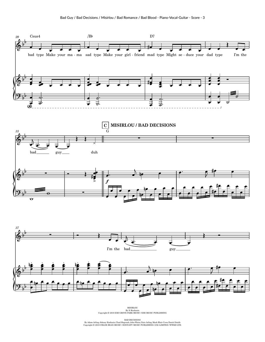 Medley: Bad Guy with Misirlou (Instr & Original Greek Lyr Version), Bad Decisions, Bad Romance, a... Piano, Vocal scores gallery preview page 3