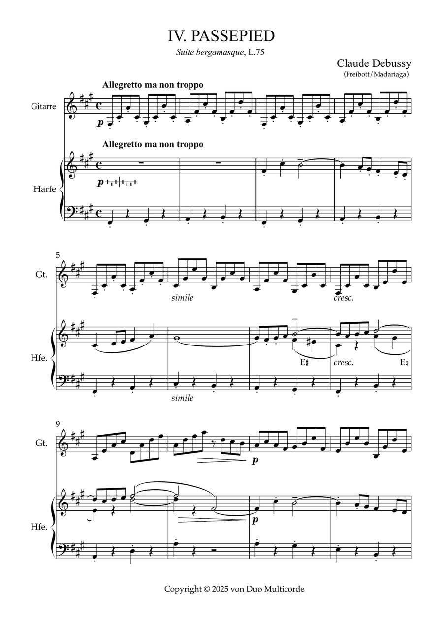 Suite Bergamasque: IV. Passepied (L.75) arr. for harp & guitar Chamber Music scores gallery preview page 1